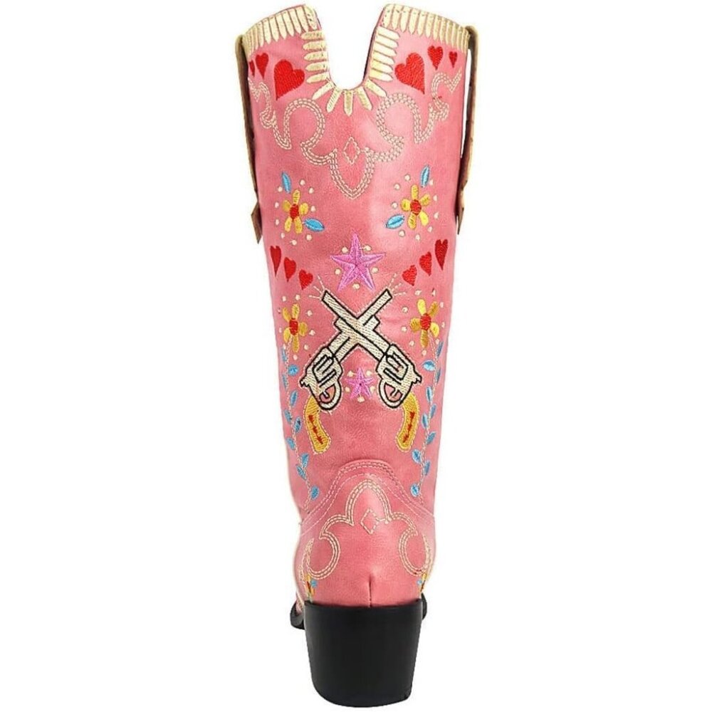 Women's Pink Floral Embroidered Cowgirl Boots Chunky Low Heels Pull On Shoes - Picture 3 of 4